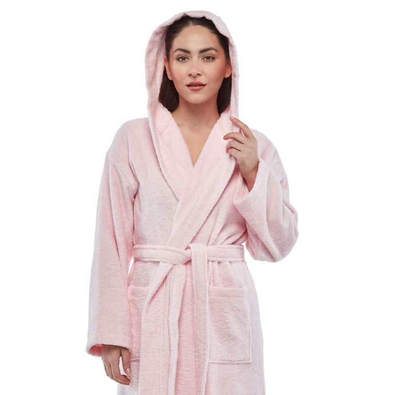 Arus Women's Turkish Terry Cotton Hooded Robe, Full Length Long Bathrobe with Hood , Rose , X Small