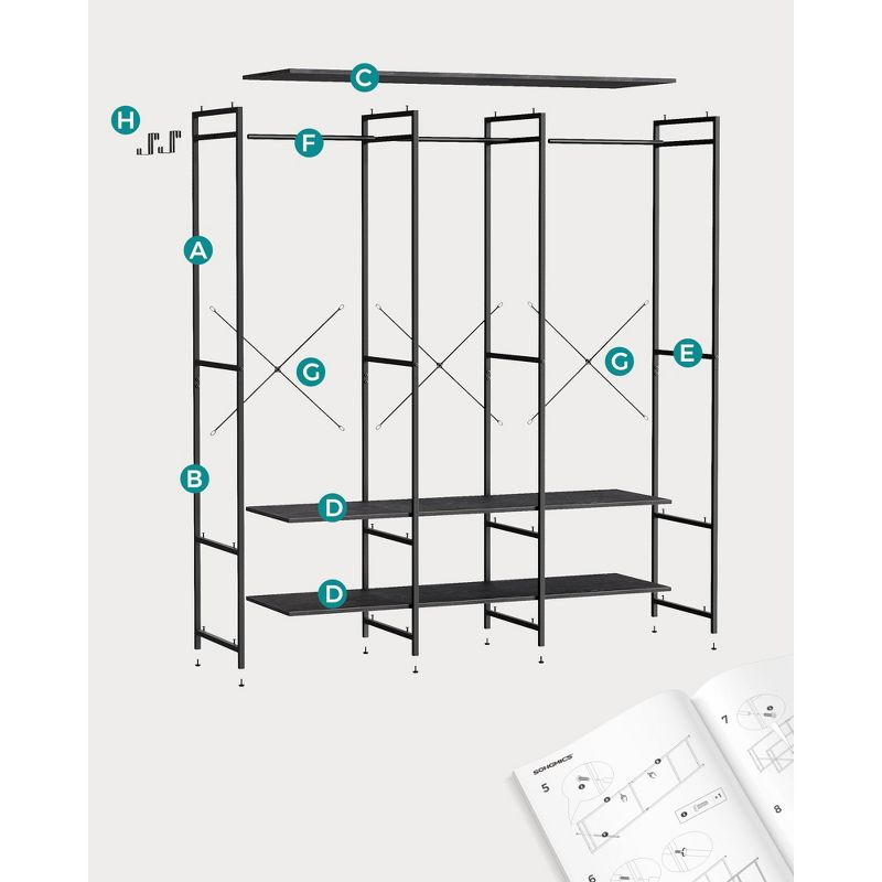 SONGMICS Clothes Rack, Iron and Wood Wardrobe Closet Organizer, Heavy Duty Garment Rack with Hanging Rods, Ebony Black