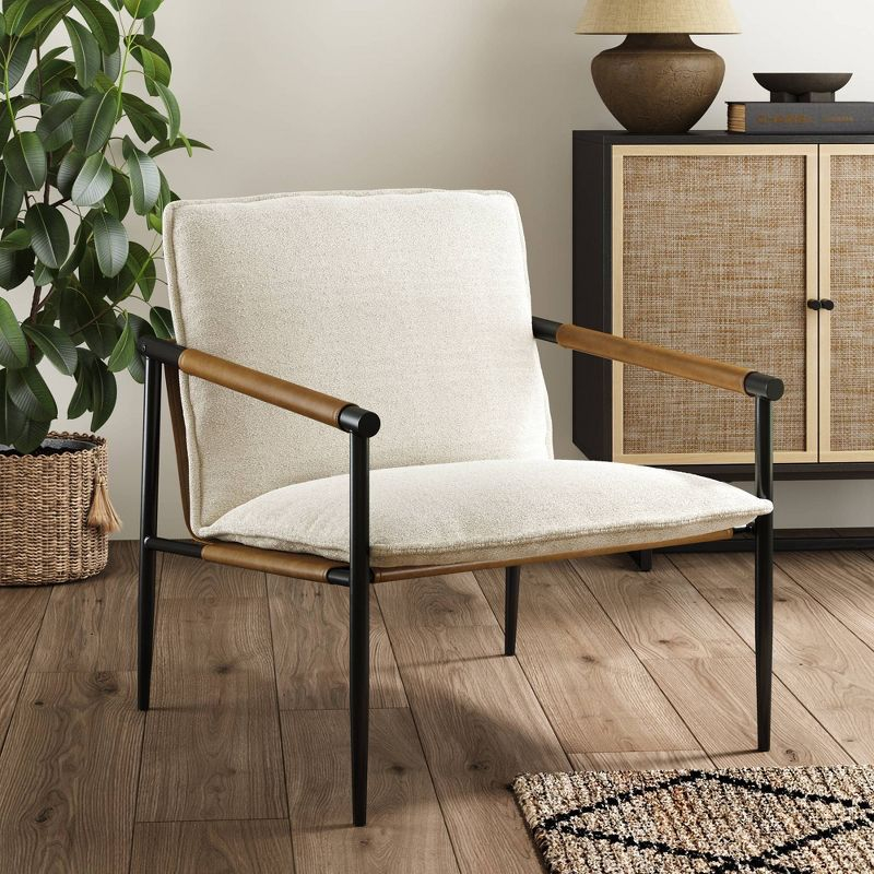 Nathan James Metal Accent Chair Boucle Fabric: Upholstered Lounge Armchair for Bedroom, Cotton & Faux Leather