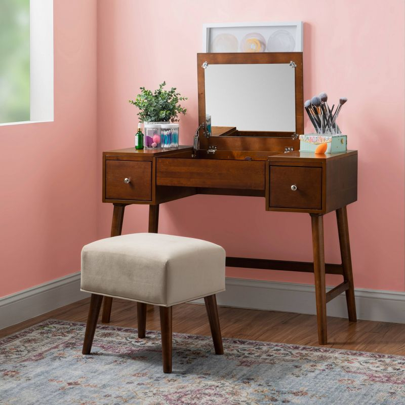 Viola Mid-Century Modern Flip-up Mirror 2 Drawer Vanity and Upholstered Stool Brown - Linon: Rubberwood, MDF, Lift-Top Storage