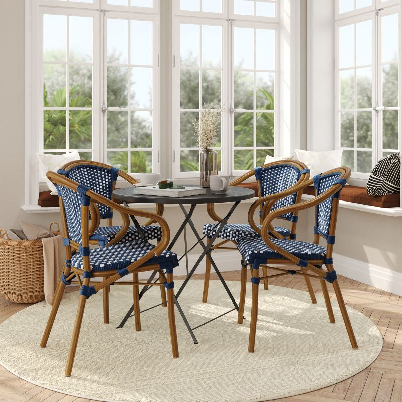 Flash Furniture 4 PK Bordeaux Indoor/Outdoor Commercial Bistro Stacking Chair w/ Arms, Navy & White PE Rattan & Bamboo Print Aluminum Frame in Natural