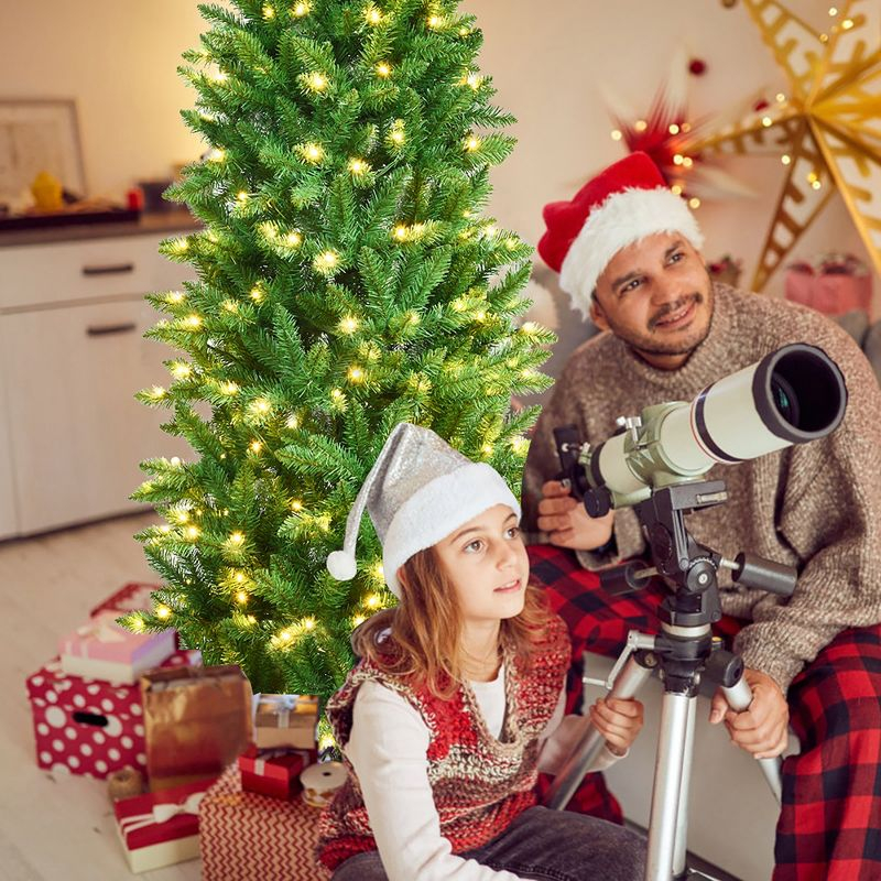 Costway 7Ft Pre-lit Artificial Pencil Christmas Tree Hinged Fir PVC Tree with 350 LED Lights