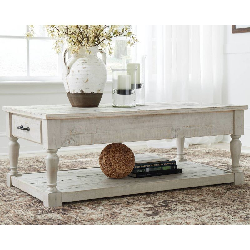 Shawnalore Rectangular Cocktail Table White Wash - Signature Design by Ashley: Solid Pine, Farmhouse Style, Storage Shelf
