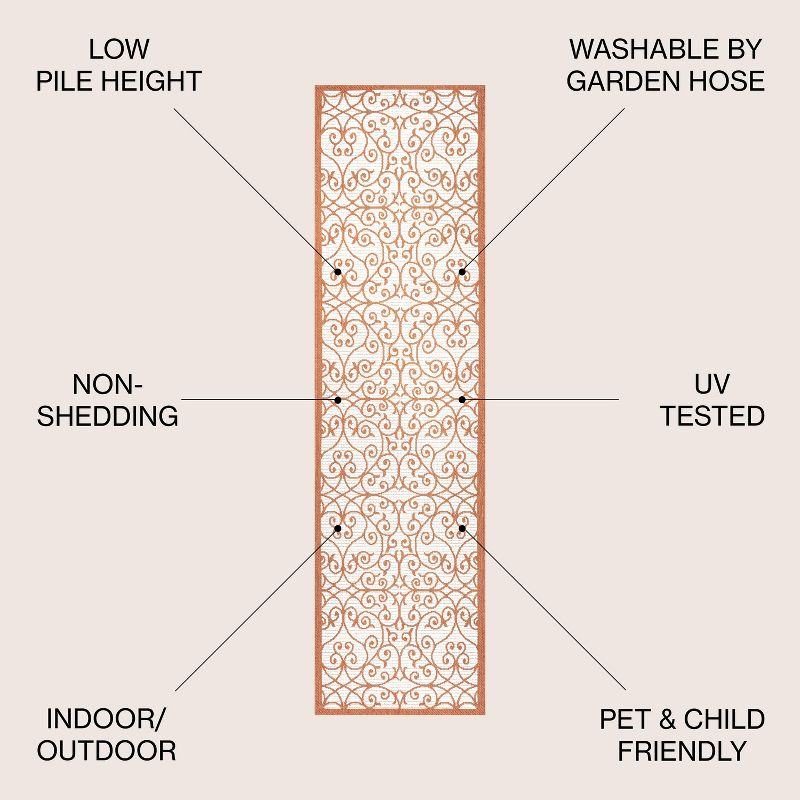 2' x 10' Madrid Vintage Filigree Textured Weave Indoor/Outdoor Runner Rug, Cream/Orange - JONATHAN Y