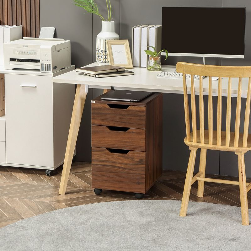 HOMCOM 3 Drawer Mobile File Cabinet, Rolling Printer Stand, Vertical Filing Cabinet, Brown Wood Grain