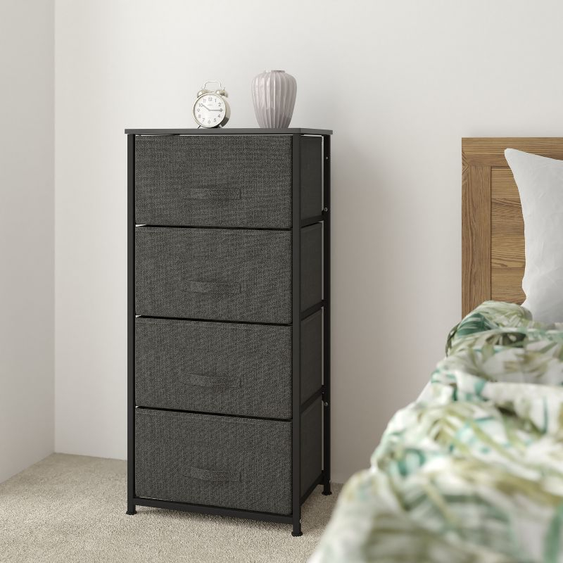 Emma and Oliver 4 Drawer Vertical Storage Dresser with Black Wood Top & Gray Fabric Pull Drawers
