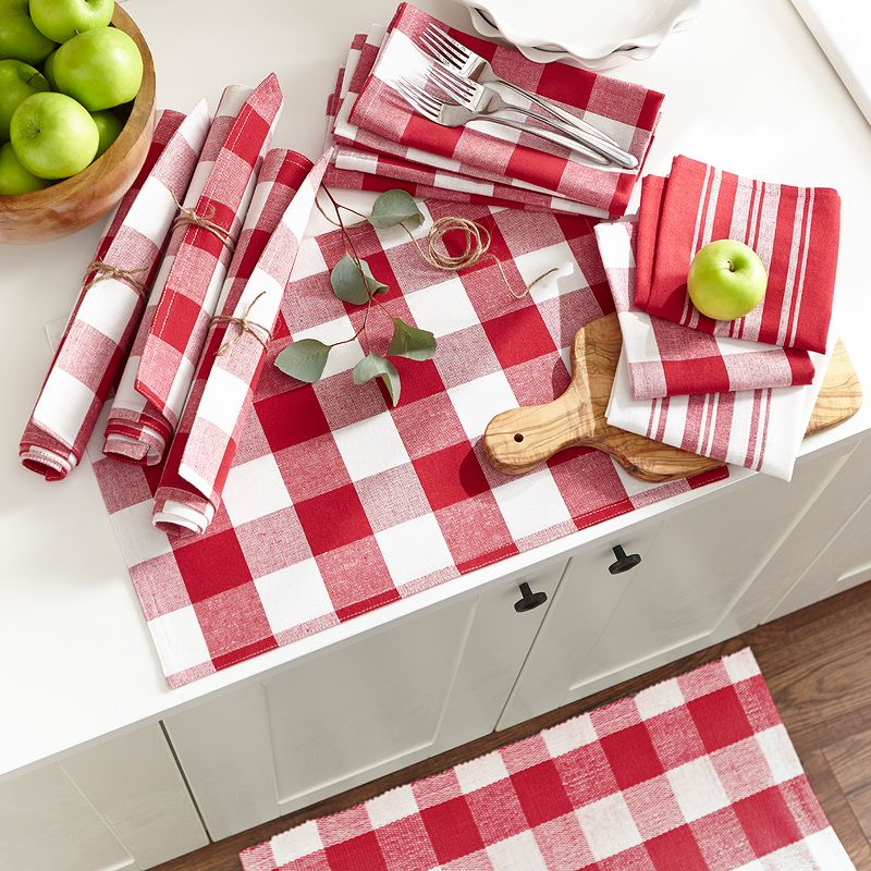 Farmhouse Living Stripe and Check Kitchen Towels, Set of 3 - 17" x 28" - Red/White - Elrene Home Fashions