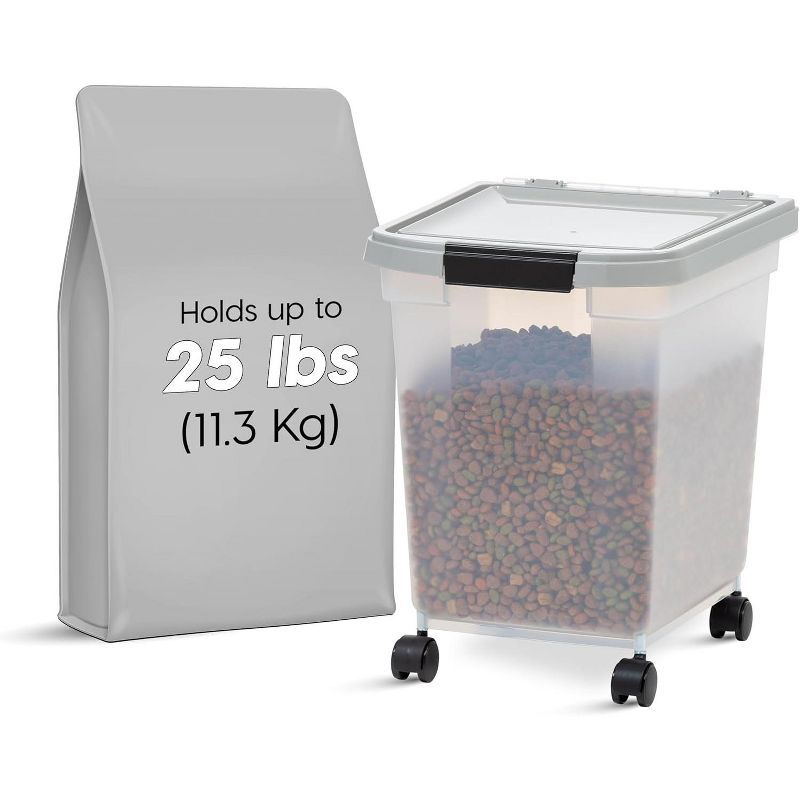 IRIS USA 25 Lbs / 32.5 Qt WeatherPro Airtight Pet Food Storage Container with Removable Casters, Clear/Gray