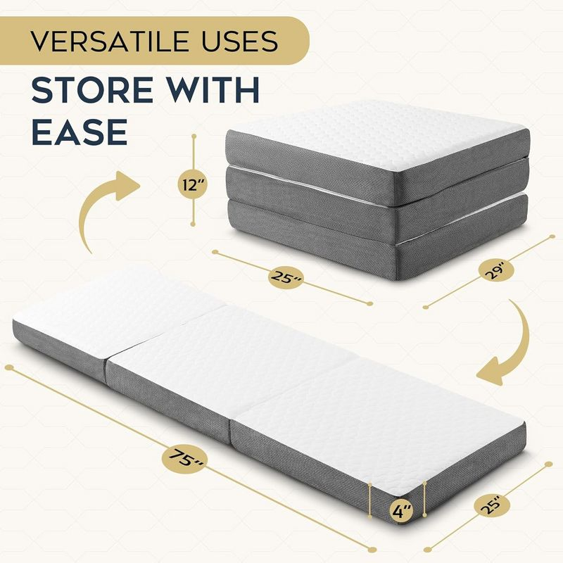Contour Comfort Queen 4 Inch Thick Portable Tri Folding Mattress with Memory Foam Layer with Washable Cover | Non-Slip Bottom Perfect Guest Bed-White