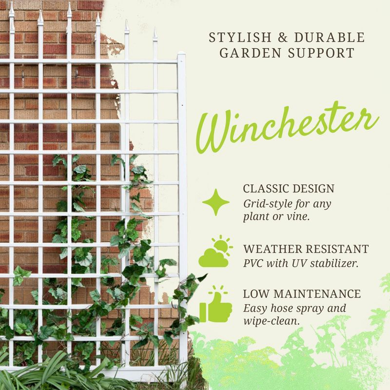 Dura-Trel Winchester 57"x95" PVC Vinyl Outdoor Garden Trellis Support for Vines, Climbing Plants, Flowers, & Vegetables w/Wall Mounting Screws, White