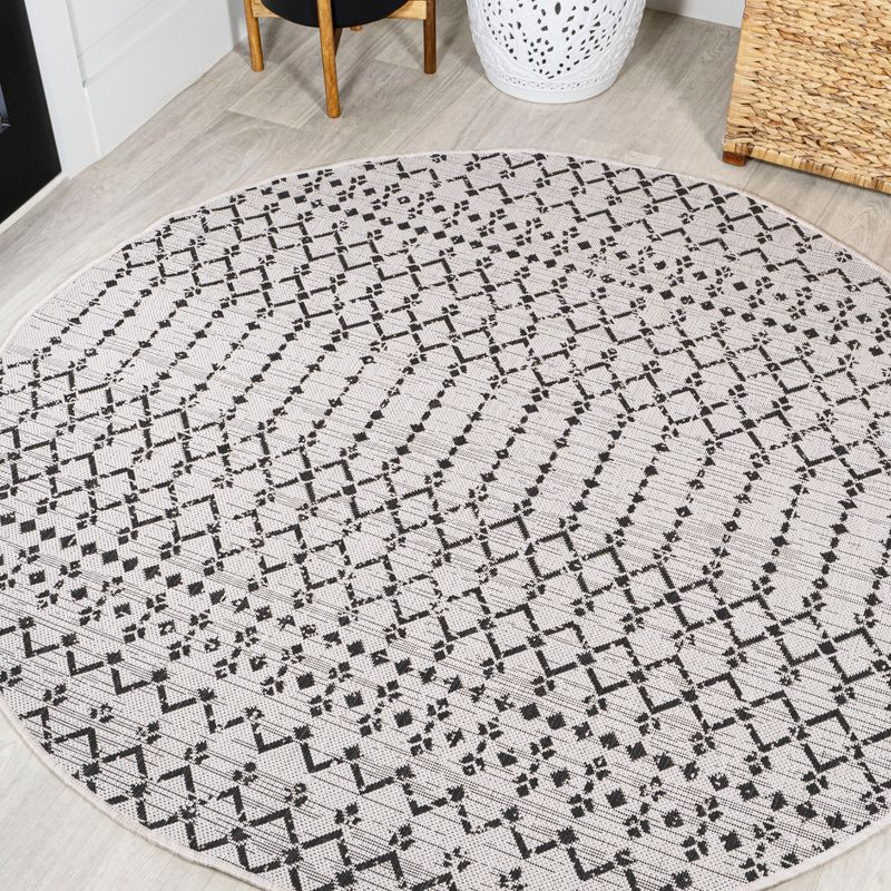 5' Round Ourika Moroccan Geometric Textured Weave Indoor/Outdoor Area Rug, Cream/Black - JONATHAN Y