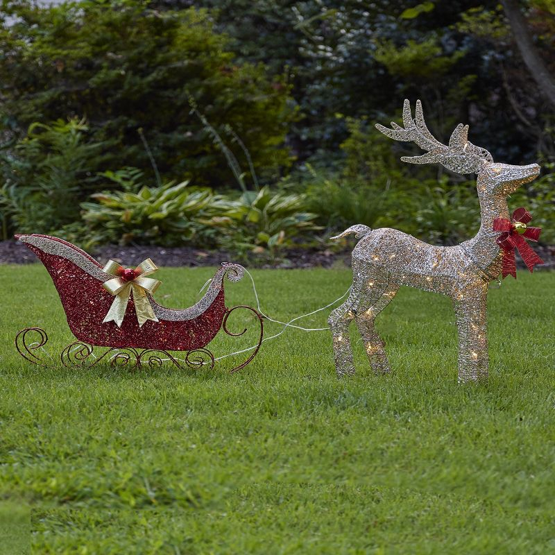 Christmas Pre-Lit Gold Glitter Reindeer & Sleigh Set