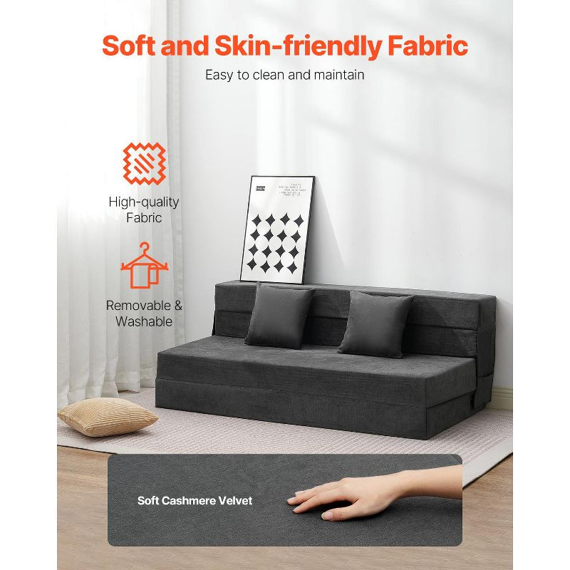 VEVOR Folding Sofa Bed, 3-in-1 Foldable Couch Bed with 2 Pillows and Washable Cover, 25D High Density Memory Foam Sleeper Chair Bed, Dark Grey(Queen)