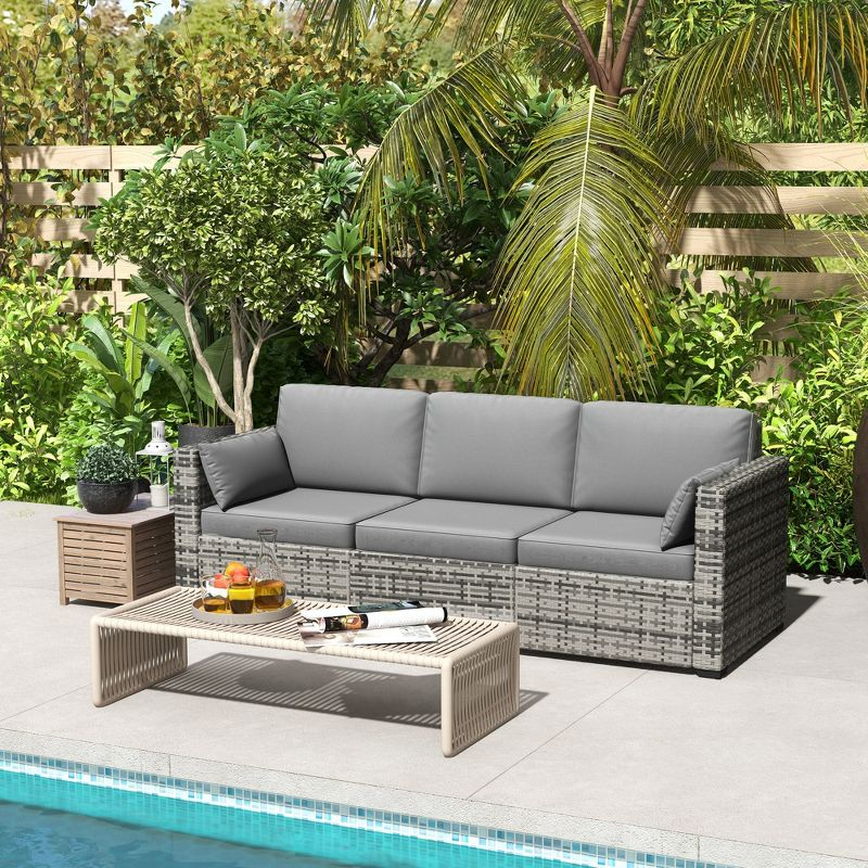 Outsunny Wicker Patio Couch, PE Rattan 3-Seat Sofa, Outdoor Furniture with Deep Seating, Cushions, Steel Frame, Gray