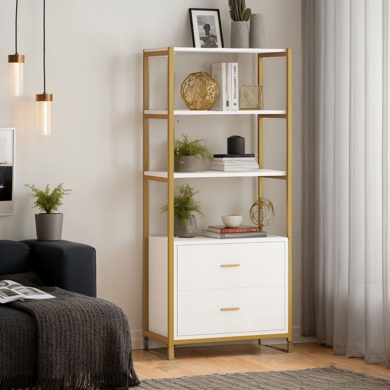 Tribesigns 4-Tier Bookshelf with 2 Drawers White/Gold