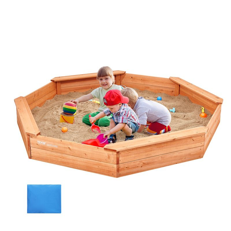 VEVOR Wooden Sandbox with Cover, 75.6 x 75.6 x 9.1 in Octagonal Sand Box, Sand Pit with 4 Seating and Bottom Liner