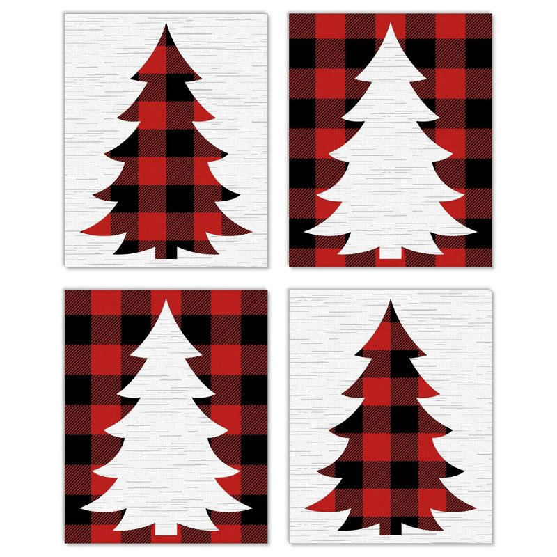 Big Dot of Happiness Holiday Plaid Trees - Unframed Buffalo Plaid Christmas Linen Paper Wall Art - Set of 4 - Artisms - 8 x 10 inches