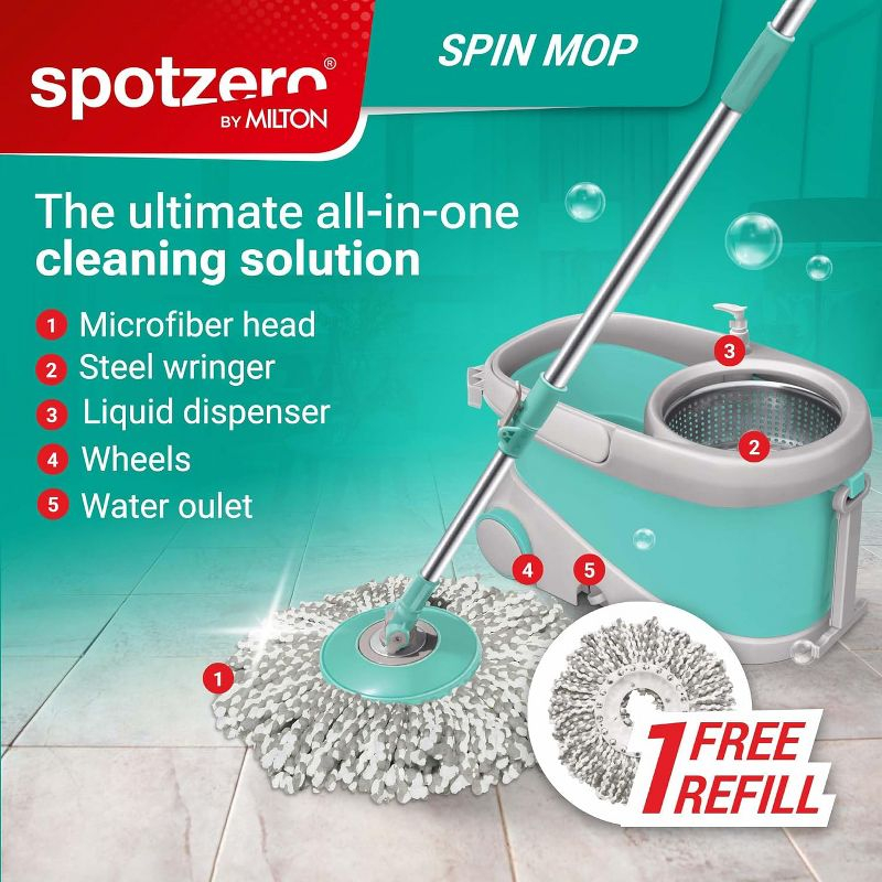 Spotzero Mop and Bucket with Wringer Set for Home, 360º Spin Mop and Bucket System with Microﬁber Technology, Height Adjustable Handle,
