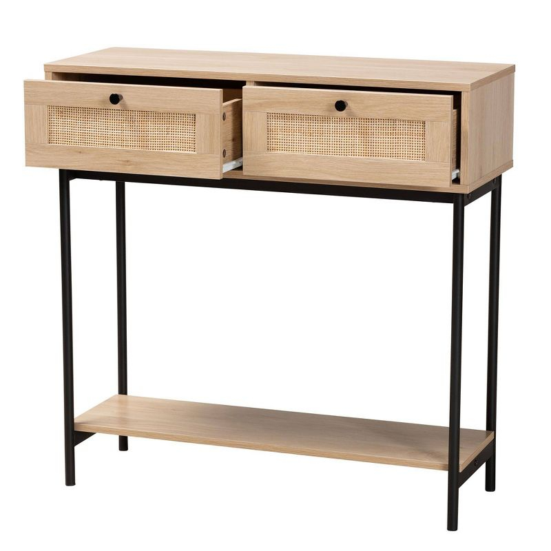 Sherwin 2 Drawer Console Table with Woven Rattan Accent Light Brown/Black - Baxton Studio:Entryway Storage