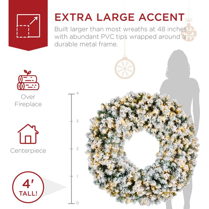 Best Choice Products 48in Artificial Pre-Lit Flocked Fir Christmas Wreath Decoration w/ 200 2-in-1 LED Lights, 714 Tips