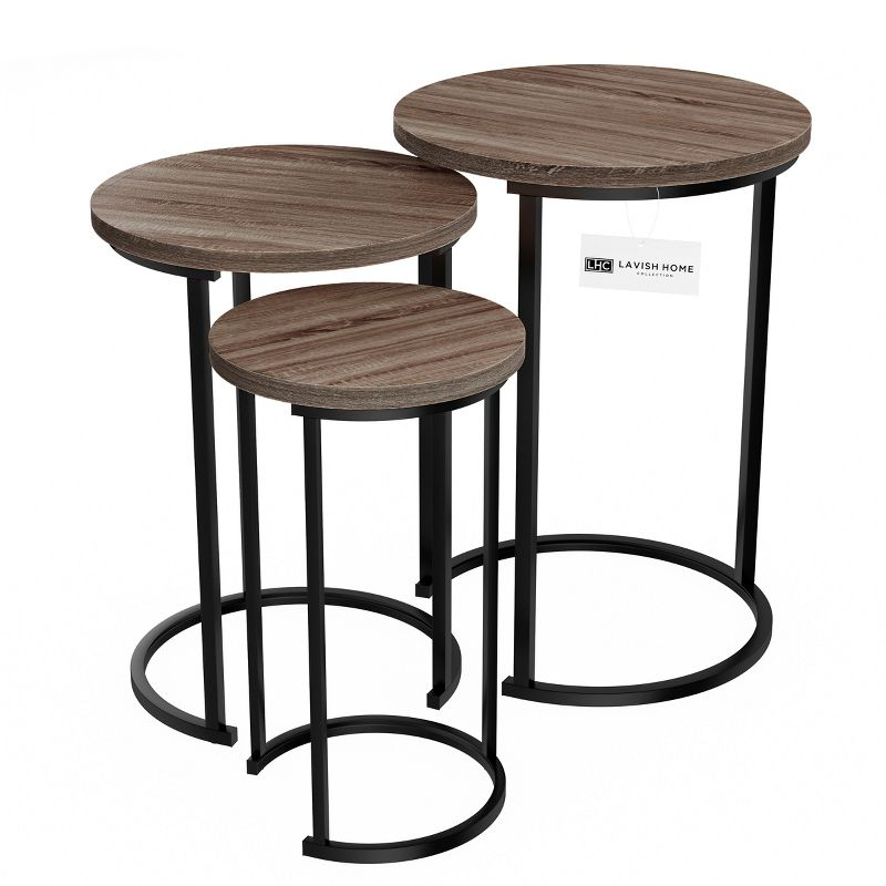 Hastings Home Set of 3 Round End Tables with Woodgrain-Look and Black Metal Base, Gray/Brown