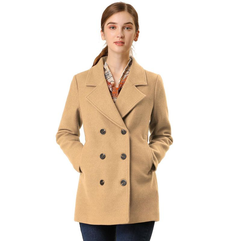 Allegra K Women's Long Sleeves Double Breasted Button Winter Outerwear Pea Coat Camel X-Large