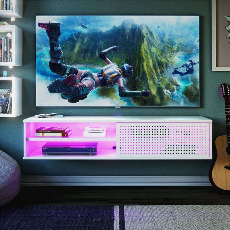Glitch Floating TV Stand for TVs up to 60" White - NTENSE: Modern Media Console, MDF, 95 lbs Capacity