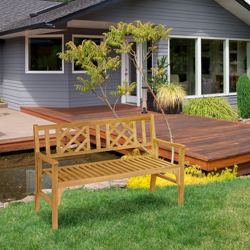 Outsunny Wooden Outdoor Garden Bench for 2, Portable Folding Bench 2 Seater with Backrest and Armrests, Natural