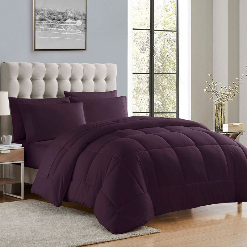 Bed-in-A-Bag Solid Color Comforter & Sheet Set Soft All Season Bedding, Twin XL, Purple