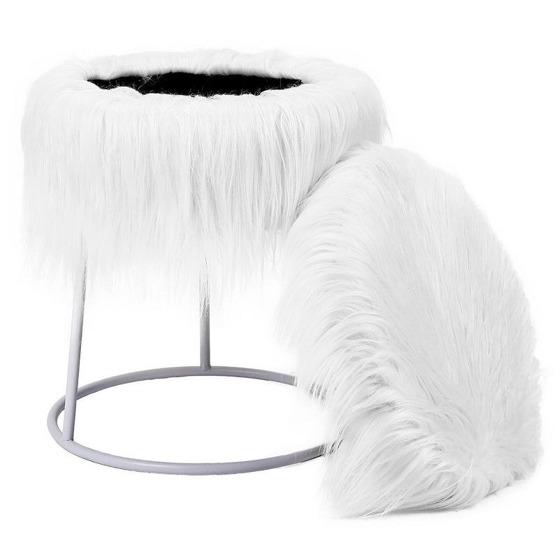 BirdRock Home Round White Faux Fur Foot Stool Storage Ottoman with Silver Legs