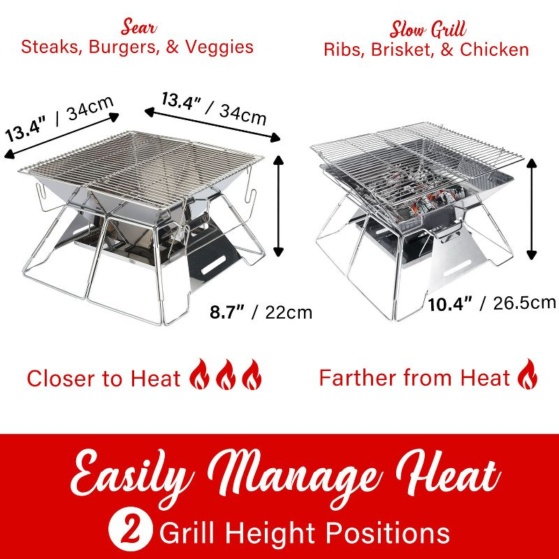 Brentwood 14-In. x 14-In. Stainless Steel Portable Folding Charcoal BBQ Grill and Outdoor Fire Pit with Carry Bag, BB-4X14SS in Silver