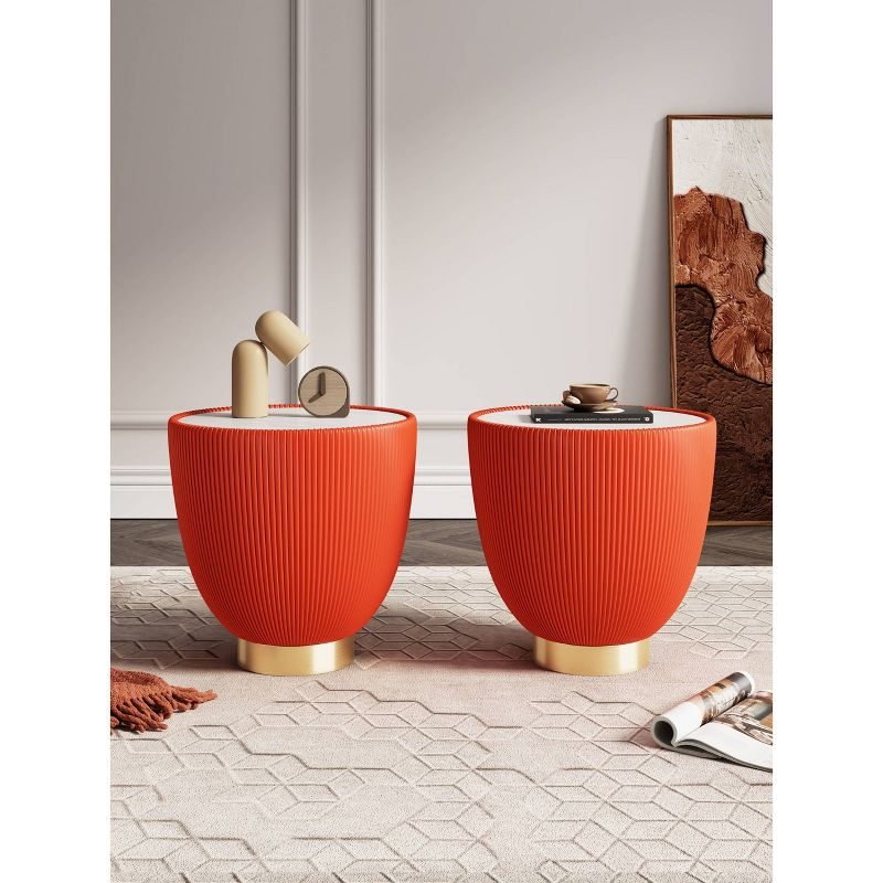 Manhattan Comfort Set of 2 Anderson Leatherette End Tables with Faux Marble Tabletop Orange: Modern Round Side Tables