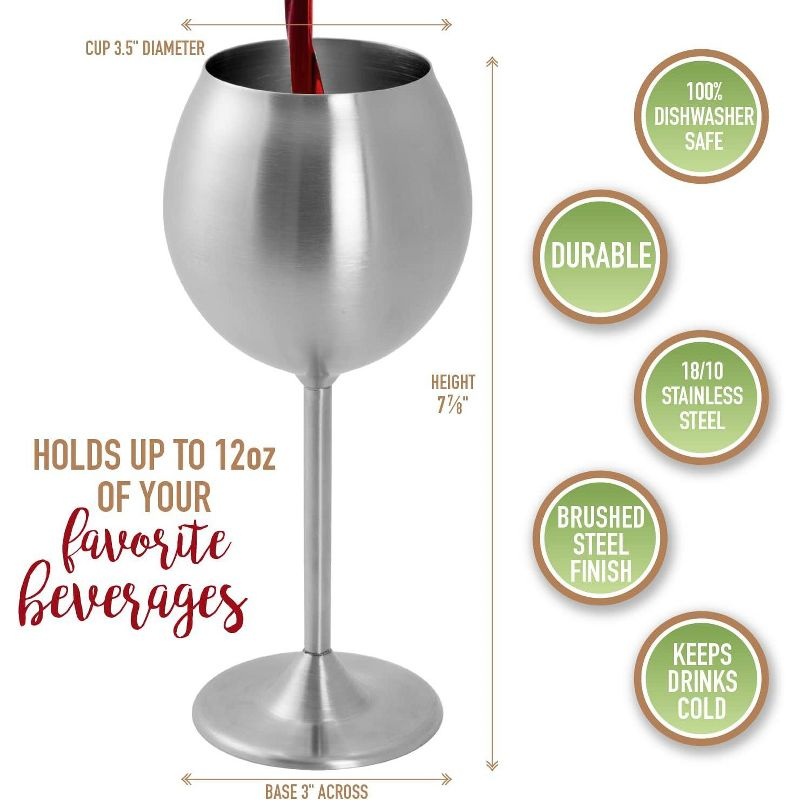 D'Eco Unbreakable 12 Oz Stainless Steel Wine Glasses (8 Pack) Large Stemmed Matte Silver Wine Goblets - Reusable Drinkware - Great Mother's Day Gift