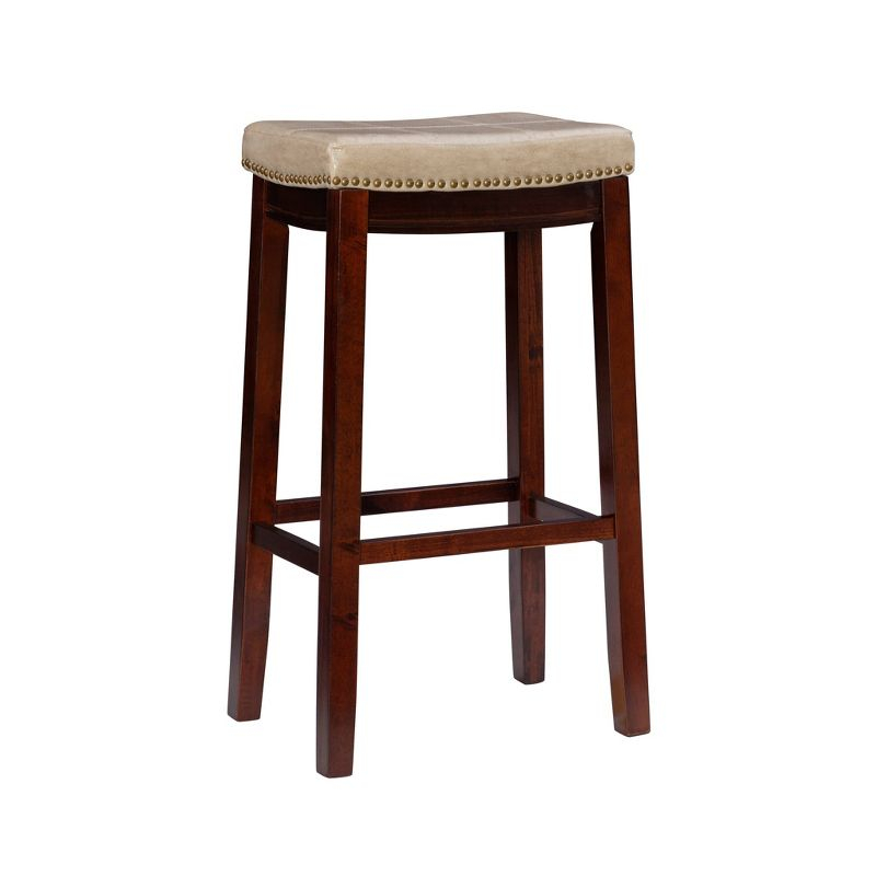 Set of 2 Claridge Faux Leather Nailhead Backless Saddle Barstools Beige - Linon: Upholstered, Rubberwood Legs, Footrest