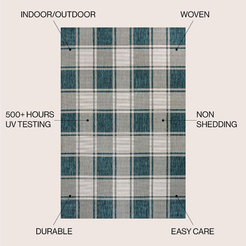 Sabine Traditional Farmhouse Bold Gingham Turquoise/Cream 8 ft. x 10 ft. Indoor/Outdoor Area Rug