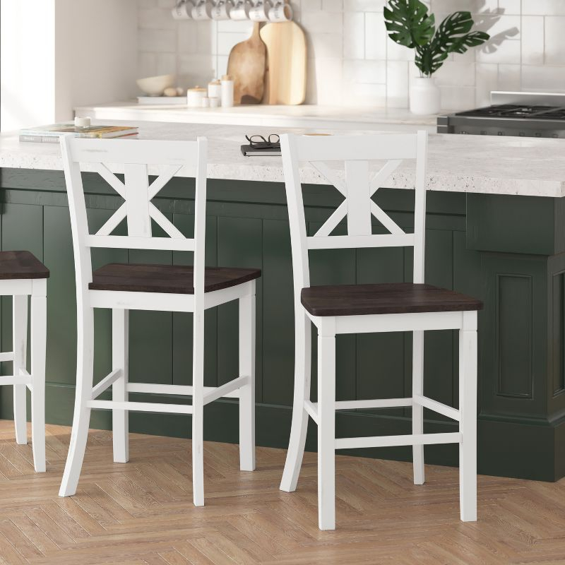 Merrick Lane Set of Two Solid Wood Modern Farmhouse Counter Height Dining Stool in Antique White Wash Finish