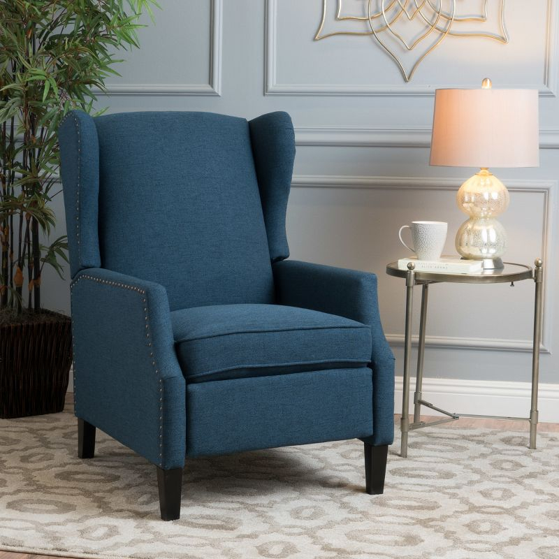 GDFStudio Weyland Contemporary Fabric Wingback Pushback Recliner with Nailhead Accents, Navy Blue