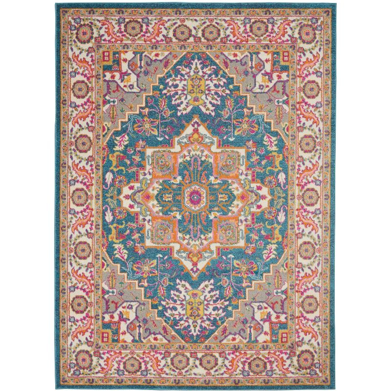 Nourison Passion Colorful Center Medallion Area Rug Teal Multicolor 5'3" x 7'3"