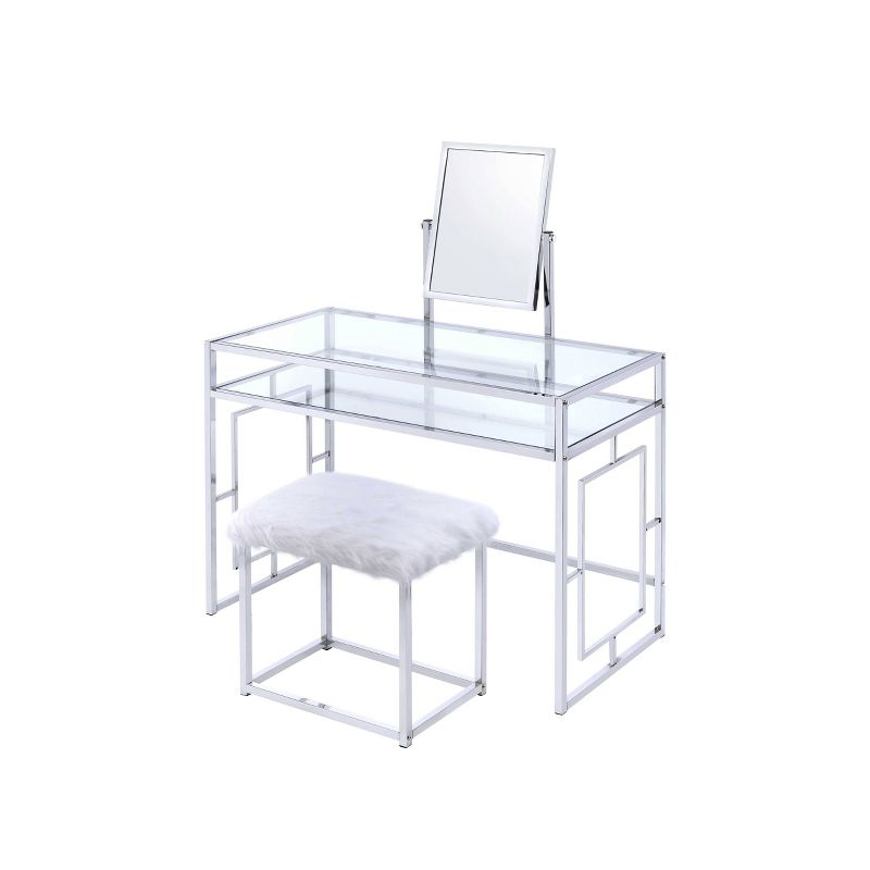 Acme Furniture Carenze Ii Vanity Table White Faux Fur/Chrome Finish