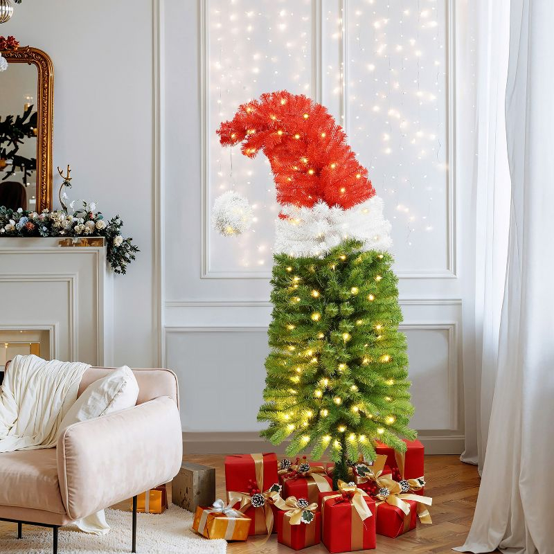 LuxenHome 5Ft Pre-Lit Artificial Tree with Santa Hat Treetop Multicolored