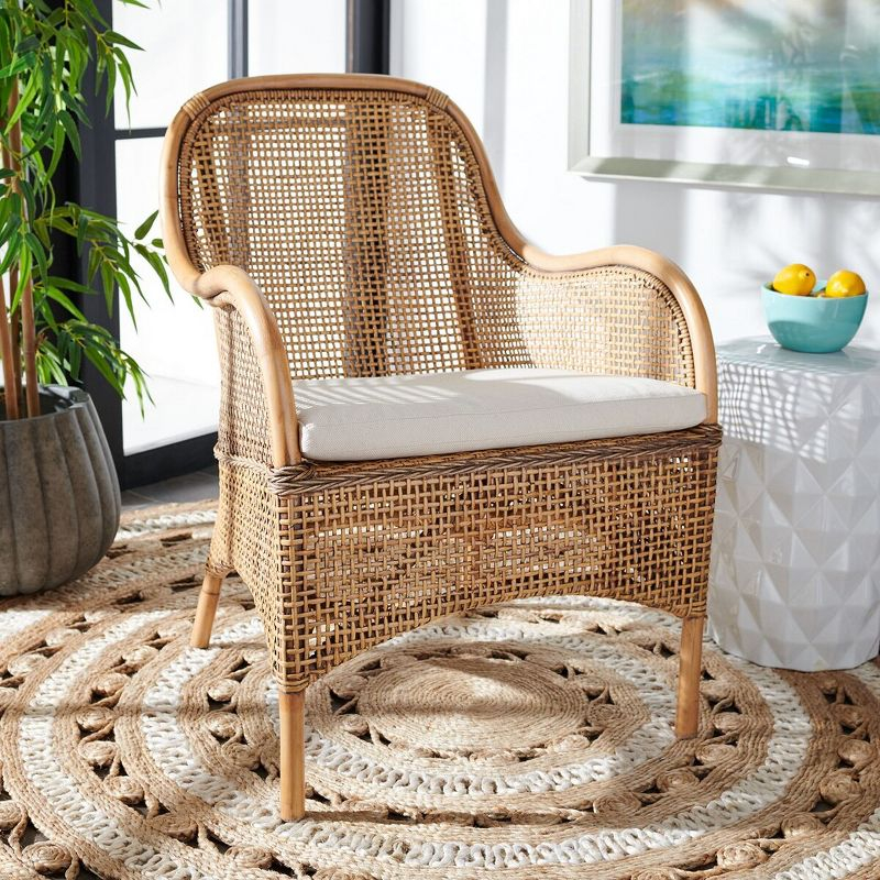 Charlie Rattan Accent Chair W/ Cushion - White/Honey Brwn Wash - Safavieh