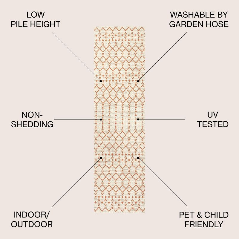 2' x 10' Ourika Moroccan Geometric Textured Weave Indoor/Outdoor Runner Rug, Cream/Orange - JONATHAN Y