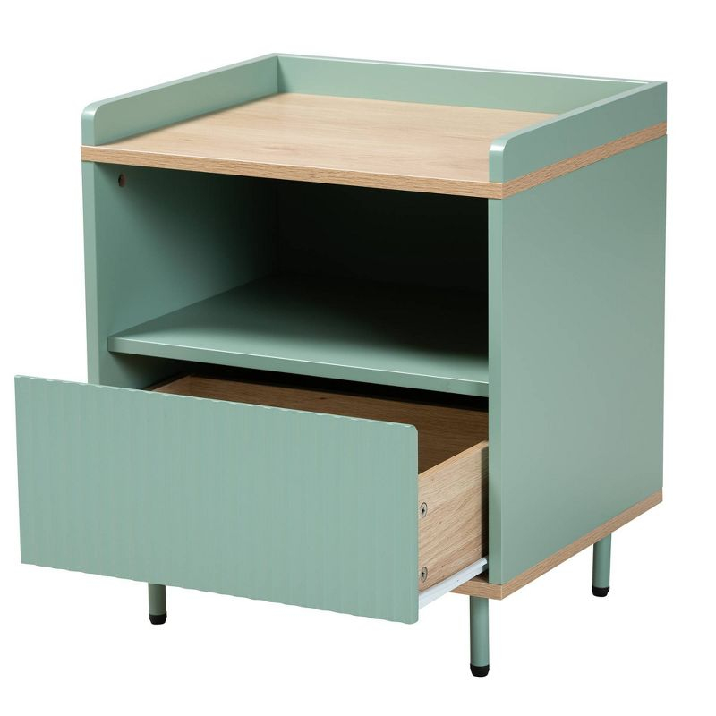Tavita Two-Tone Wood 1 Drawer End Table Oak Brown/Mint Green - Baxton Studio: Side Table with Storage Shelf