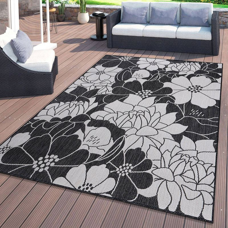 World Rug Gallery Modern Floral Flowers Textured Flat Weave Indoor/Outdoor Area Rug - BLACK 5' X 7'
