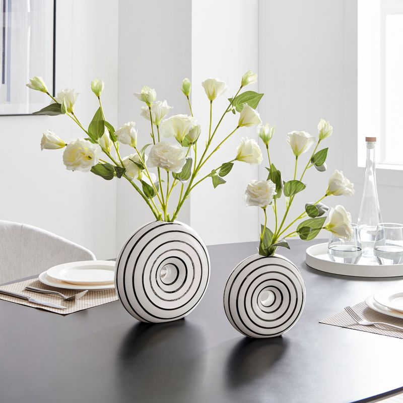 Danya B. Etta Two Piece Glossy Ceramic Black and White Striped Round Hollow Circle Donut Vase Set