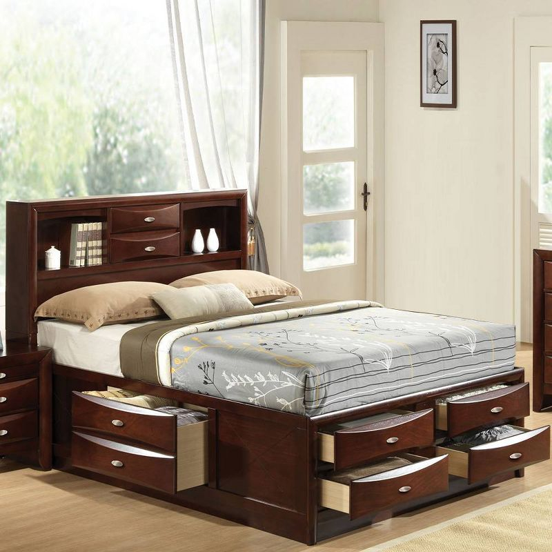 91" Eastern King Bed Ireland Bed Espresso - Acme Furniture: Linen Upholstery, Wood Frame, Storage Headboard