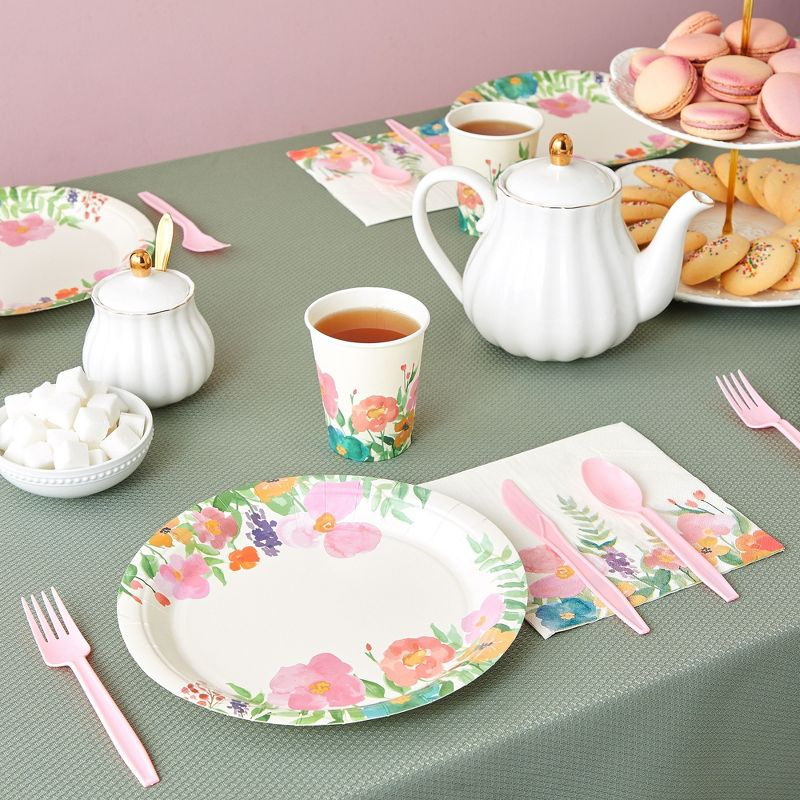 Juvale 144 Piece Watercolor Flower Tea Party Supplies, Includes Disposable Floral Paper Plates, Napkins, Cups, Cutlery
