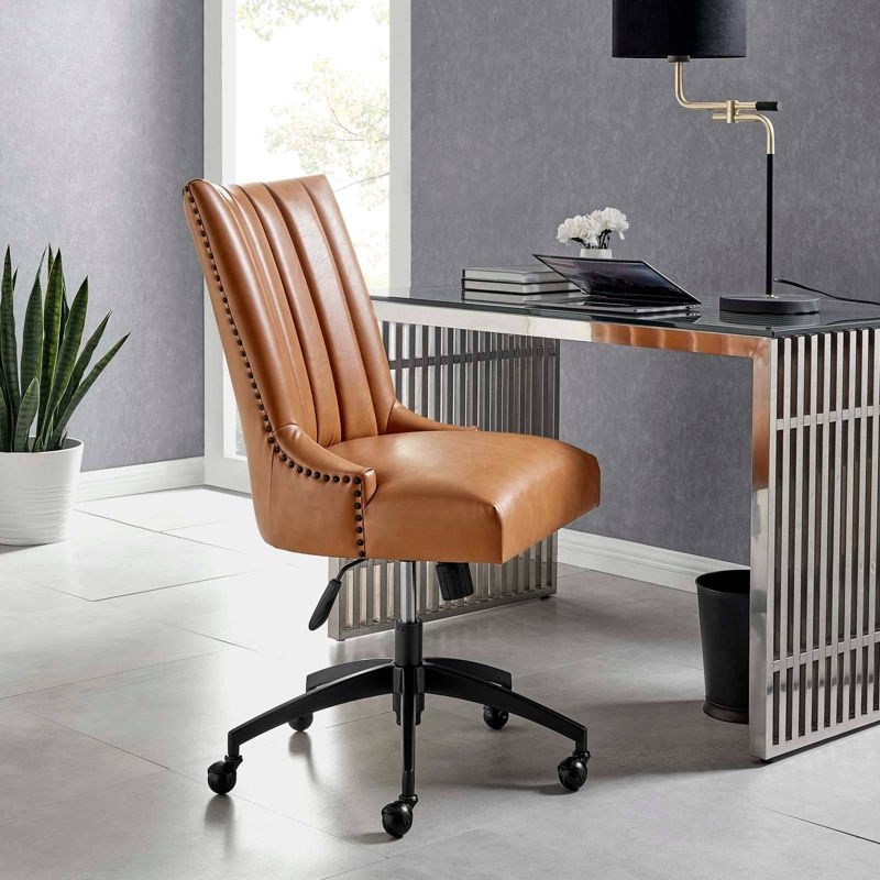 Modway Empower Channel Tufted Vegan Leather Office Chair Tan: Retro Modern Style, Adjustable, Swivel Desk Chair with Casters/Wheels