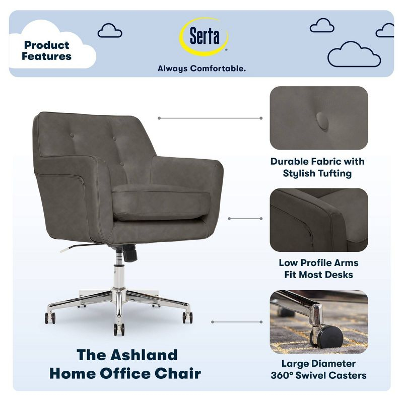 Style Ashland Home Office Chair Gathering Gray - Serta: Mid-Century, Tufted, Computer Chair