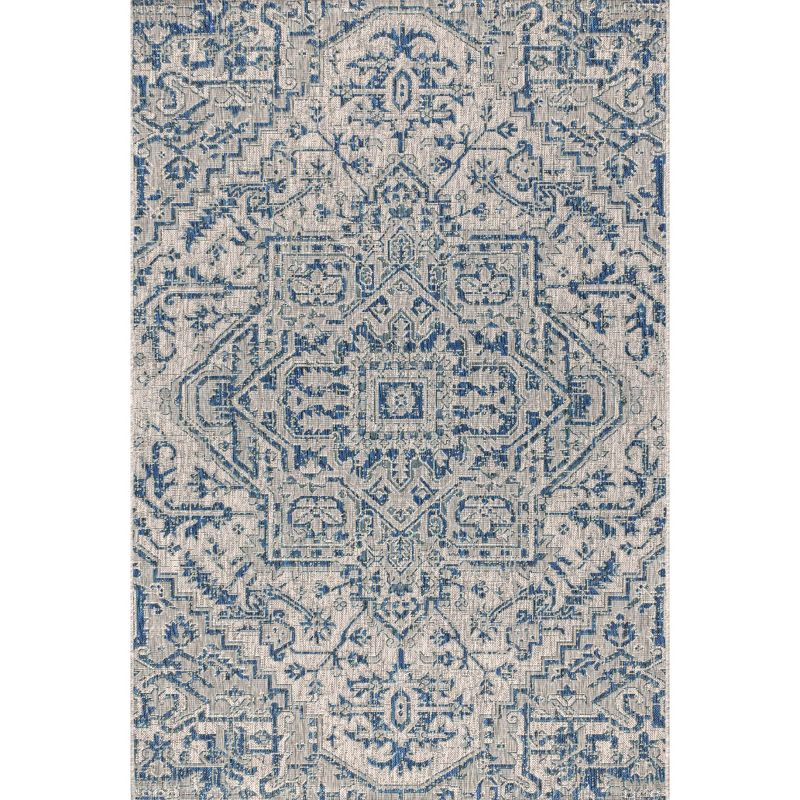 5'x8' Estrella Bohemian Medallion Textured Weave Indoor/Outdoor Area Rug, Navy/Gray - JONATHAN Y